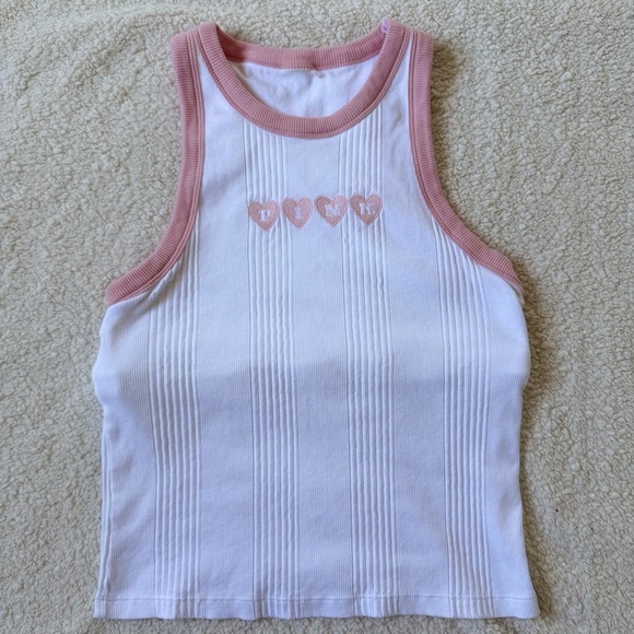 PINK Victoria's Secret Tops - Victoria’s Secret PINK White Ribbed Tank Top with Pink Trim and Heart Embroidery